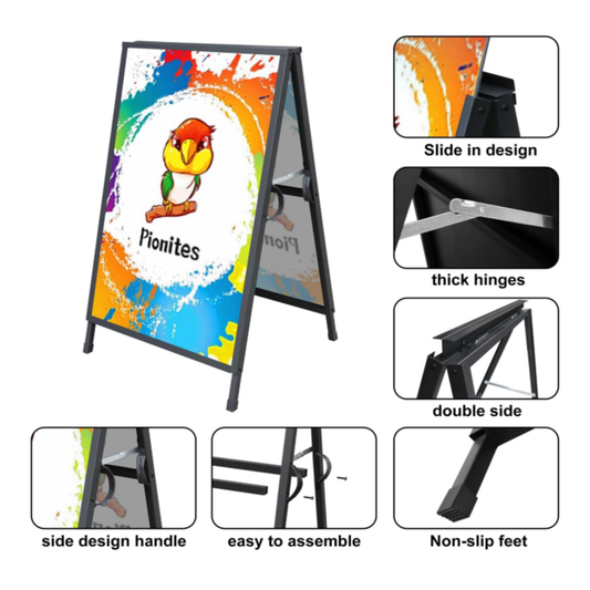 A-frame sign with colorful design and text, featuring slide-in design, thick hinges, double side, side design handle, easy to assemble, and non-slip feet.